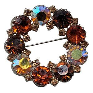Amber & Aurora Borealis Wreath Round Brooch Vintage High End Silver Tone Setting